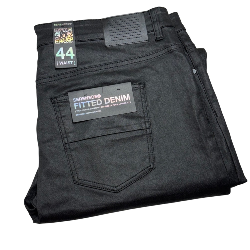 Serenede Fitted Denim Mens 44 Black Waxed Coated Slim Stretch Jeans Streetwear